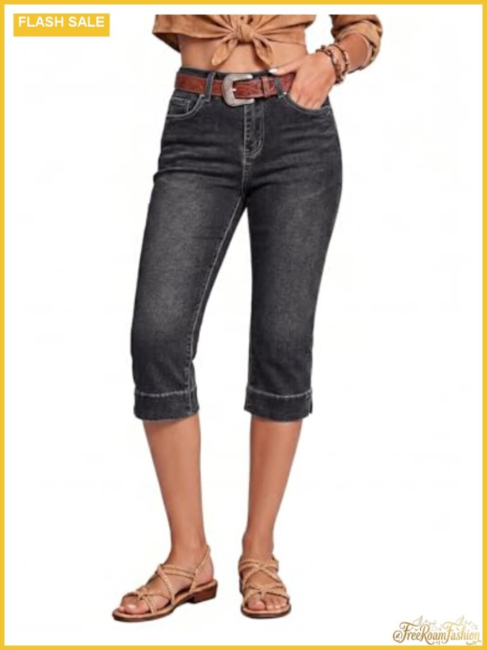 High Waisted Capri Jeans Women Trendy Slim Split Hem Stretch Denim Cropped Pants